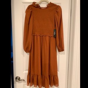 Midi burnt orange LuLus dress. New, never worn